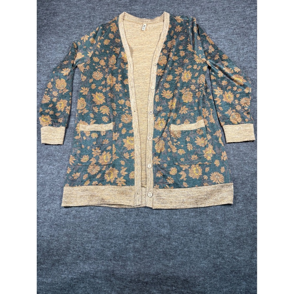 Greebelle Women's XL Floral Print Long Sleeve Cardigan Sweater‎ Green Yellow
